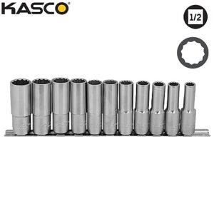 סט 11 בוקסות עמוקות 12 פינות פס מתכת הינע “1/2 KASCO