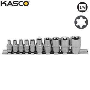 סט 10 בוקסות E פס מתכת הינע “+1/4“3/8 KASCO